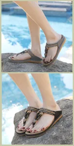 Detail of bohemian flip-flops featuring rhinestones and braided straps by the pool