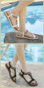 Detail of beach sandals with metal bead accents and elastic heel straps in two colors