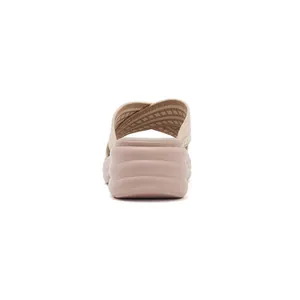 Rear view of platform wedge slide sandals with beige crisscross woven straps