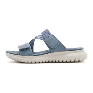 Zijaanzicht van blauwe plateausandalen met verstelbare bandjes en antislipzool