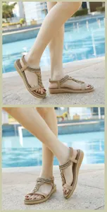 Close-up of woven straps and metallic beads on lightweight beach sandals
