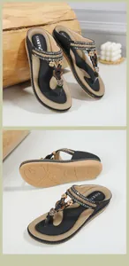 Detailed close-up of flip-flops with rhinestones, wooden petals and heart pendant
