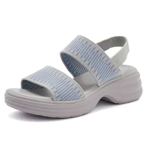 Damen Plateausandalen mit blauem Strickstoff und rutschfester sportlicher Keilsohle