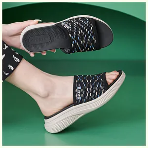 Detailed view of women's wedge sandals featuring woven wave patterns and thick anti-slip sole
