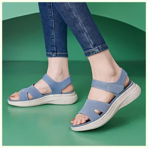 Detailed side view of blue woven platform sandals with comfortable velcro straps