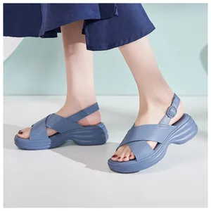 Detailansicht blauer Keilsandalen mit Kreuzriemen und gewellter Plateausohle