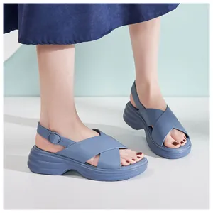 Nahaufnahme der matten blauen Plateausandalen mit Kreuzgurten und Anti-Rutsch-Sohle