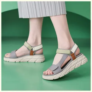 Detail view of platform wedge sandals featuring multi-color straps and anti-slip sole