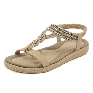 Women Bohemian Flat Sandals PU Leather T-Strap Rhinestone Braided Elastic Back Strap Breathable Casual Summer Beach Shoes