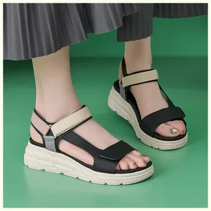 Detail view of multi-color platform sandals with non-slip sole and velcro straps