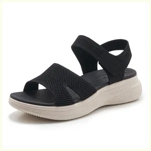 Detail of black knit strap sandals featuring breathable mesh and thick off-white wedge sole