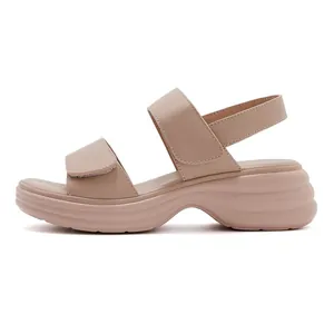 Detail view of beige platform sandals featuring double straps and wavy textured soles