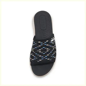 Detailed top view of a platform leisure slide featuring a black knitted pattern upper