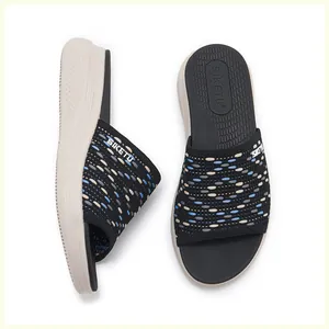 Detail of wedge sole sandals featuring a knitted bohemian pattern and thick non-slip MD base