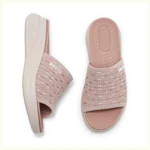 Detailed knit texture and cushioned platform sole on mauve casual sport slide sandals