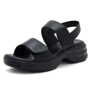 Women's black platform sandals with double velcro straps and chunky wavy rubber soles
