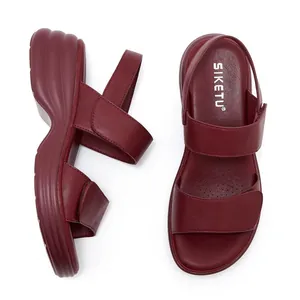 Deep red wedge sandals for women with platform sole and adjustable velcro straps