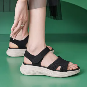 Women's black platform sandals with velcro straps and lightweight mesh for summer beach wear