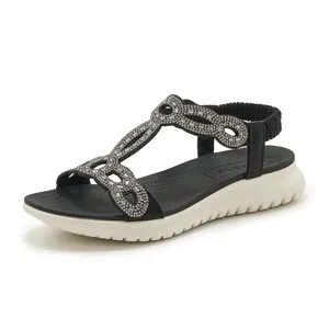 Damen Sandalen mit Strasssteinen schwarzen T-Riemen und dicken rutschfesten Gummisohlen