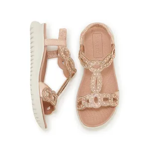 Elegante roségoldene Strass-Sandalen für Damen mit elastischem Riemen und weißer Gummisohle