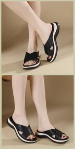 Detailed view of women's thick platform sandals with black leather crossover straps