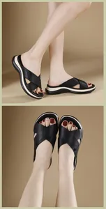 Side and top view of women's black criss-cross platform sandals with rivet details