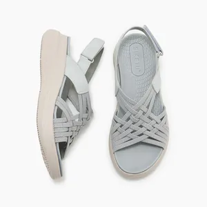 Damen Plateau-Sandalen mit hellblauen Webriemen und verstellbarem Klettverschluss hinten