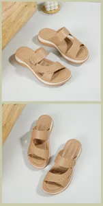 Détail de sandales à plateforme beige avec doubles brides et rivets décoratifs