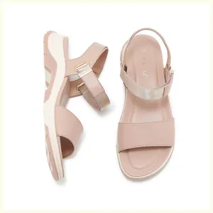 Detail view showing soft leather straps and white non-slip platform sole of these sandals