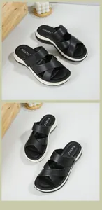 Detailed macro view of comfortable black platform wedge sandals with cross straps and velcro