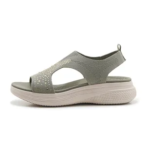 Olive green knit platform sandals with rhinestones and comfortable wedge sole