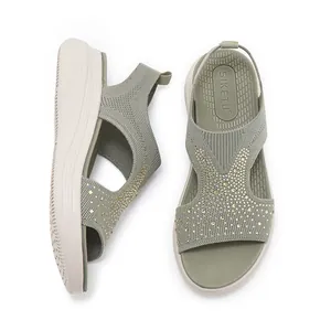 Breathable sage green knit platform wedge sandals with sparkling rhinestones for women