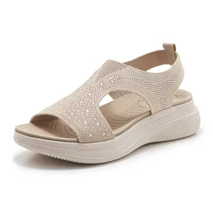 Women's apricot platform sports sandals with knitted rhinestone upper and thick sole