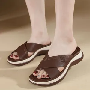 Women's Casual Platform Wedge Slippers Cross Strap PU Leather Summer Beach Slides Open Toe Lightweight Comfortable Sandals