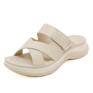 Chic beige platform wedge sandals for women with adjustable velcro straps and cross bands