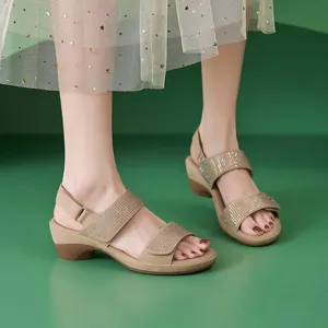 Elegant wedge sandals for women with sparkling rhinestone straps and secure velcro backstrap