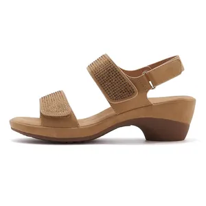 Detail of khaki wedge sandals with rhinestones on straps and adjustable heel strap