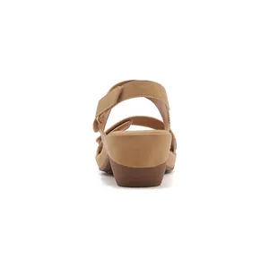 Rear view of khaki wedge sandals with adjustable velcro ankle strap and suede texture