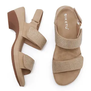 Women's rhinestone wedge sandals in khaki with non-slip sole for summer beach wear
