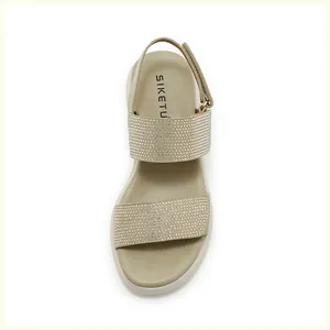 Top view of beige wedge sandals for women with sparkling rhinestone straps by SIKETU