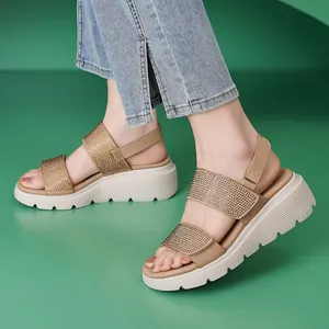 Women's rhinestone platform sandals with adjustable straps in khaki and cream beige