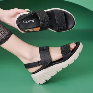 Women's wedge sandals with black rhinestone straps and lightweight platform soles