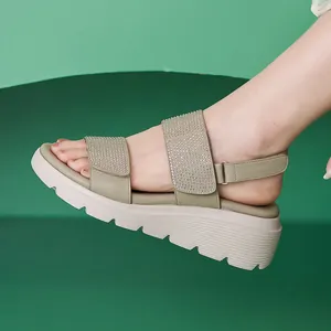 Khaki platform wedge sandals for women with rhinestone straps and velcro closure