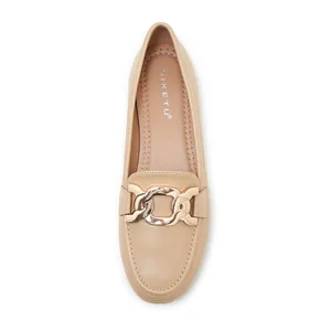 Top view of beige leather loafers featuring a decorative gold chain and logo insoles