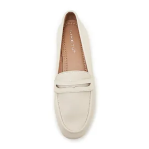 Overhead view of cream leather loafers featuring penny strap and stitched interior detail