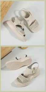 Detail van beige plateausandalen met opengewerkt gebreid bovenwerk en rubberen zool