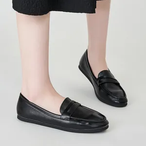 Classic black matte leather loafers for women with a minimalist round toe and flat sole