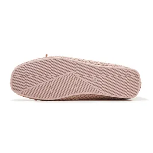 Detail of soft pink knitted flat shoe showing non-slip geometric sole pattern with size 36
