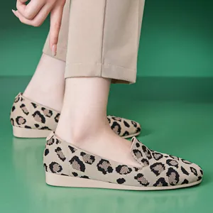 Damen Leopardenmuster Fly-woven Flache Loafer Leicht Atmungsaktiv Weich Slip-on Gehschuhe Für Den Alltag Büro Kleidung