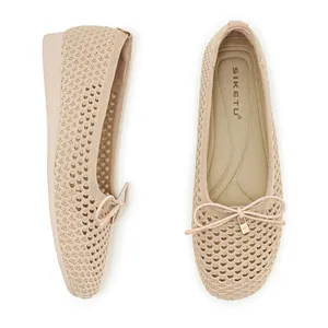 Women Bow Hollow Flyknit Flat Shoes Breathable Lightweight Slip On Ballet Flats Comfy Rubber Sole Low Heel Walking Shoes For Summer